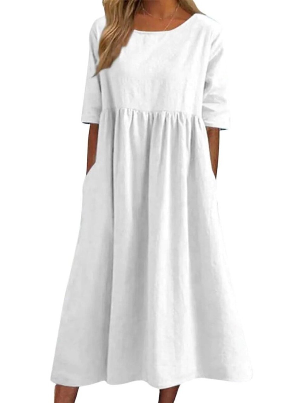 Women's White Stylish Sleeve Crewneck Floral Print Casual Mode Maxi Long Dress